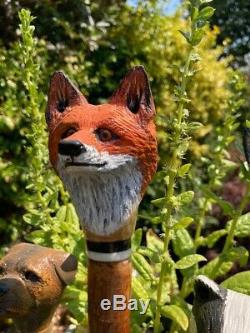 Hand Carved Fox Head Walking stick on Hazel Shank