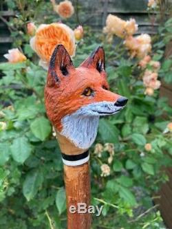 Hand Carved Fox Head Walking stick on Hazel Shank