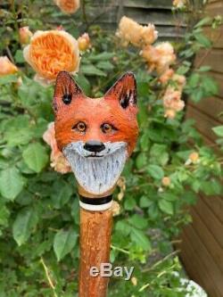 Hand Carved Fox Head Walking stick on Hazel Shank