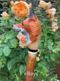 Hand Carved Fox Head Walking stick on Hazel Shank