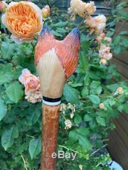 Hand Carved Fox Head Walking stick on Hazel Shank