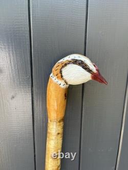 Hand Carved French Partridge Headed Walking Or Hiking Stick On Hazel Shank
