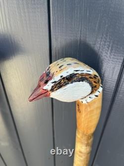 Hand Carved French Partridge Headed Walking Or Hiking Stick On Hazel Shank