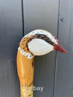Hand Carved French Partridge Headed Walking Or Hiking Stick On Hazel Shank