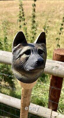 Hand Carved German Shepard Head in Lime on Hazel Shank Country Stick