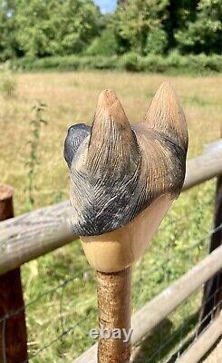 Hand Carved German Shepard Head in Lime on Hazel Shank Country Stick
