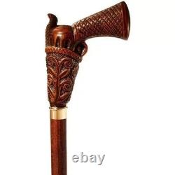 Hand-Carved Gun-Style Wooden Walking Stick Handmade Wooden Cane