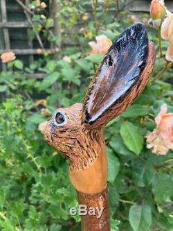 Hand Carved Hare Head Walking stick on Hazel Shank