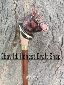 Hand Carved Horse Handle Wooden Walking Cane Handmade Walking Stick Christmas GF