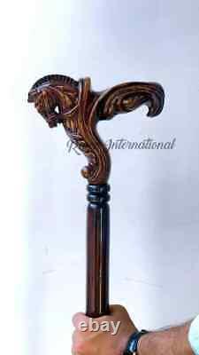 Hand Carved Horse Head Handle Wooden Walking Stick Handmade Animal Walking Cane