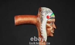 Hand Carved Indian Chief Head Walking Stick Walking Cane Handmade Wooden X MassG