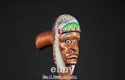 Hand Carved Indian Chief Head Walking Stick Walking Cane Handmade Wooden X MassG