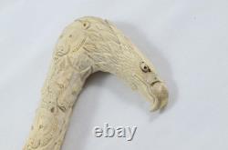 Hand Carved Intricate Bald Eagle Walking Stick Cane Top Handle Antler Horn