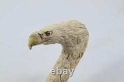Hand Carved Intricate Bald Eagle Walking Stick Cane Top Handle Antler Horn