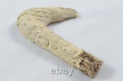 Hand Carved Intricate Bald Eagle Walking Stick Cane Top Handle Antler Horn