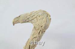 Hand Carved Intricate Bald Eagle Walking Stick Cane Top Handle Antler Horn