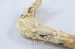 Hand Carved Intricate Sea Creatures Walking Stick Cane Top Handle Antler Horn