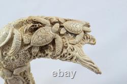 Hand Carved Intricate Sea Creatures Walking Stick Cane Top Handle Antler Horn