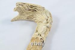 Hand Carved Intricate Sea Creatures Walking Stick Cane Top Handle Antler Horn