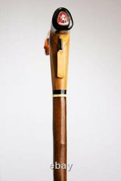 Hand Carved Kent County Cricket Club Walking Stick Yew Handle on Hazel Shank