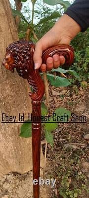 Hand Carved Lion Handle Wooden Walking Cane Handmade Walking Stick Christmas