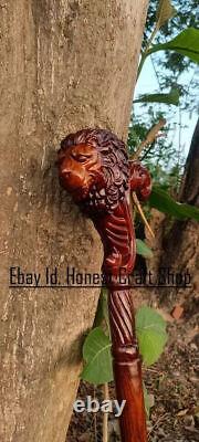 Hand Carved Lion Handle Wooden Walking Cane Handmade Walking Stick Christmas