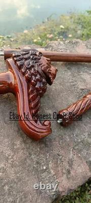 Hand Carved Lion Handle Wooden Walking Cane Handmade Walking Stick Christmas