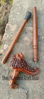 Hand Carved Lion Handle Wooden Walking Cane Handmade Walking Stick Christmas