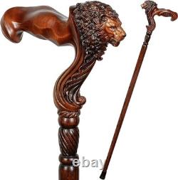 Hand Carved Lion Head Handle Wooden Walking Stick Handmade Walking Cane Gift