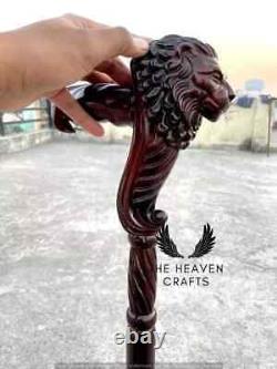 Hand Carved Lion Head Handle Wooden Walking Stick Handmade Walking Cane Gift