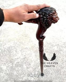 Hand Carved Lion Head Handle Wooden Walking Stick Handmade Walking Cane Gift