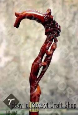 Hand Carved Lizard & Flower Wooden Walking Cane Handmade Animal Walking Stick