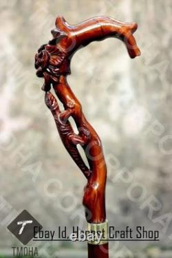 Hand Carved Lizard & Flower Wooden Walking Cane Handmade Animal Walking Stick