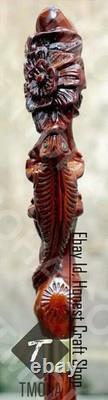 Hand Carved Lizard & Flower Wooden Walking Cane Handmade Animal Walking Stick