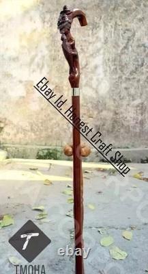 Hand Carved Lizard & Flower Wooden Walking Cane Handmade Animal Walking Stick