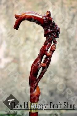 Hand Carved Lizard & Flower Wooden Walking Cane Handmade Animal Walking Stick