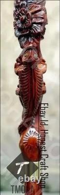 Hand Carved Lizard & Flower Wooden Walking Cane Handmade Animal Walking Stick