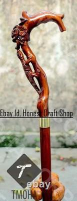Hand Carved Lizard & Flower Wooden Walking Cane Handmade Animal Walking Stick