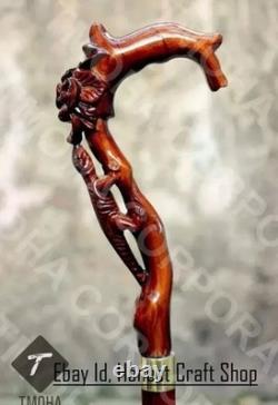 Hand Carved Lizard & Flower Wooden Walking Cane Handmade Animal Walking Stick