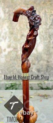 Hand Carved Lizard & Flower Wooden Walking Cane Handmade Animal Walking Stick