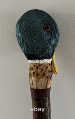 Hand Carved Mallard Drake stick, on stained Holly shank