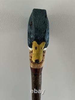 Hand Carved Mallard Drake stick, on stained Holly shank