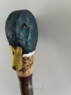 Hand Carved Mallard Drake stick, on stained Holly shank