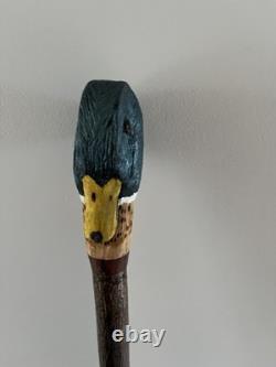 Hand Carved Mallard Drake stick, on stained Holly shank