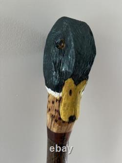 Hand Carved Mallard Drake stick, on stained Holly shank