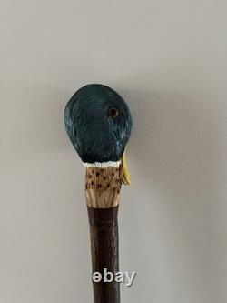 Hand Carved Mallard Drake stick, on stained Holly shank