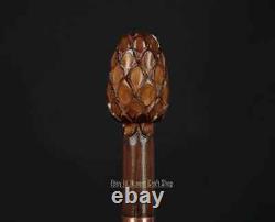 Hand Carved Pine Cone Head Handle Walking Stick Walking Cane Wooden X Mass Gif A