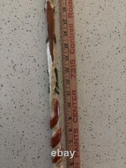 Hand Carved Polychrome Walking Cane Wooden Walking Stick Handmade Snakes Frog