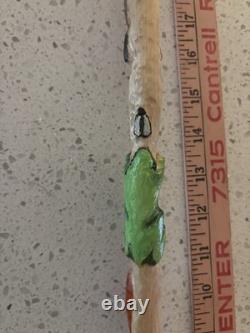 Hand Carved Polychrome Walking Cane Wooden Walking Stick Handmade Snakes Frog