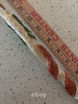 Hand Carved Polychrome Walking Cane Wooden Walking Stick Handmade Snakes Frog